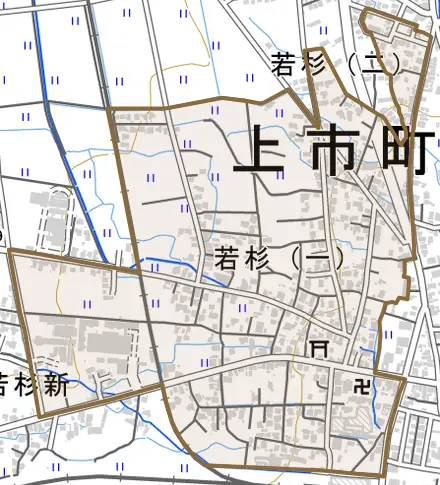 若杉とその周辺の地図。町の範囲を重ねている