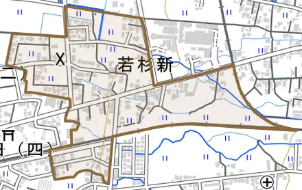 若杉新とその周辺の地図。町の範囲を重ねている