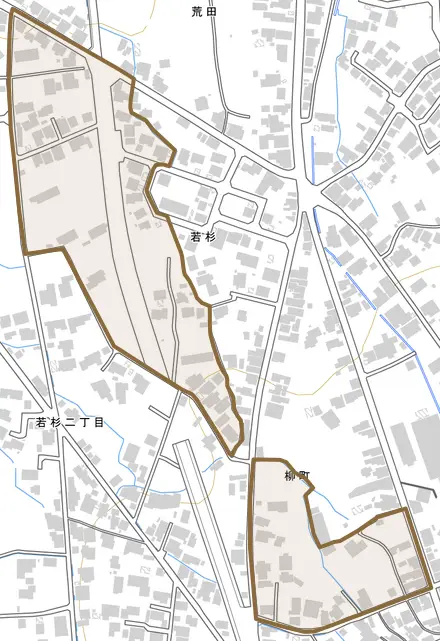 柳町とその周辺の地図。町の範囲を重ねている