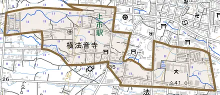 横法音寺とその周辺の地図。町の範囲を重ねている