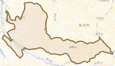 蓬沢とその周辺の地図。町の範囲を重ねている