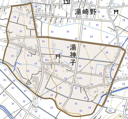 湯神子とその周辺の地図。町の範囲を重ねている