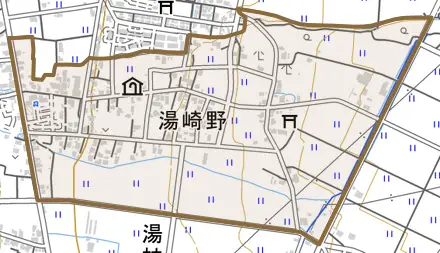 湯崎野とその周辺の地図。町の範囲を重ねている