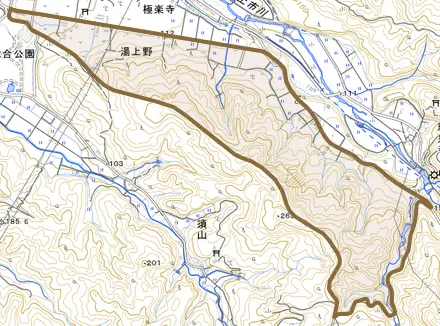 湯上野とその周辺の地図。町の範囲を重ねている
