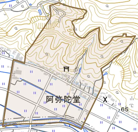阿弥陀堂とその周辺の地図。町の範囲を重ねている