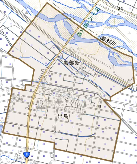 出島とその周辺の地図。町の範囲を重ねている