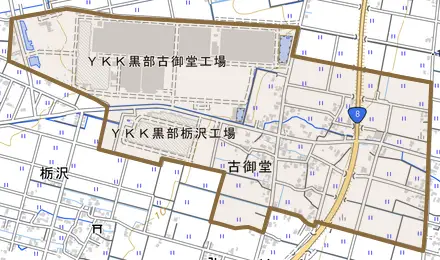 古御堂とその周辺の地図。町の範囲を重ねている