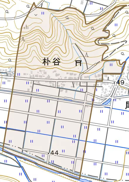 朴谷とその周辺の地図。町の範囲を重ねている