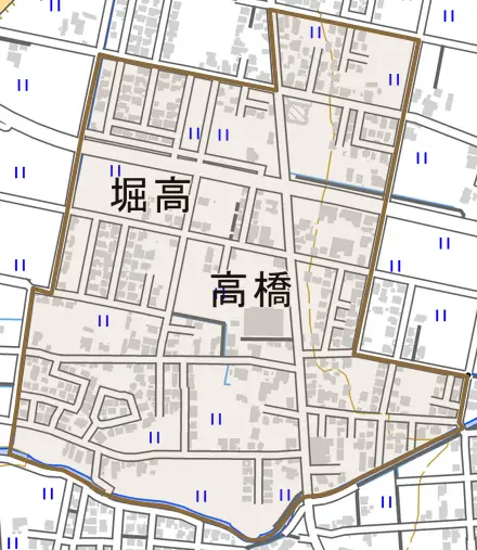 堀高とその周辺の地図。町の範囲を重ねている