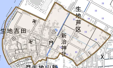 生地芦崎とその周辺の地図。町の範囲を重ねている