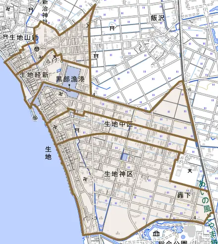 生地とその周辺の地図。町の範囲を重ねている