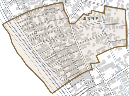 生地山新とその周辺の地図。町の範囲を重ねている