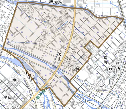 犬山とその周辺の地図。町の範囲を重ねている