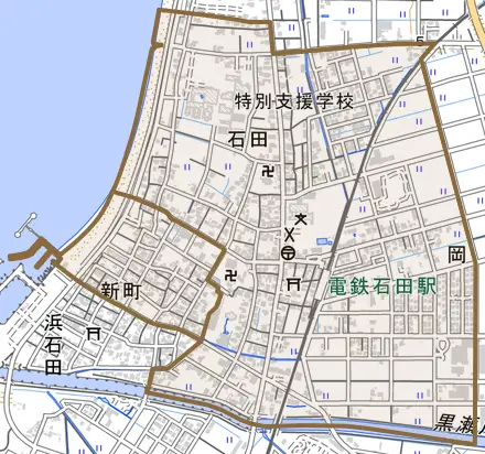 石田とその周辺の地図。町の範囲を重ねている