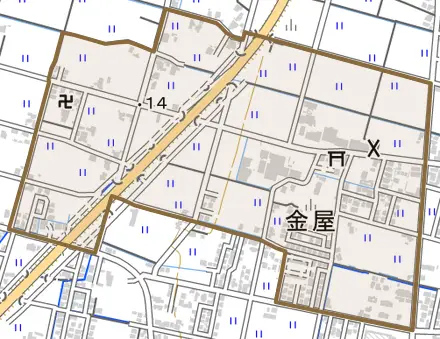 金屋とその周辺の地図。町の範囲を重ねている