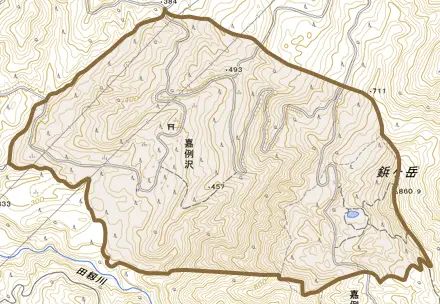 嘉例沢とその周辺の地図。町の範囲を重ねている