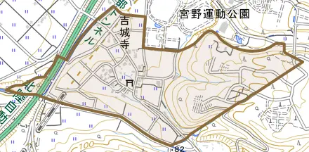 吉城寺とその周辺の地図。町の範囲を重ねている