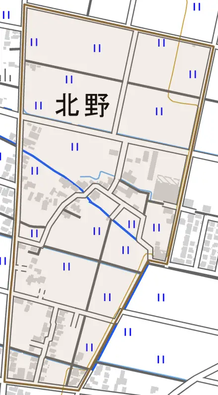 北野とその周辺の地図。町の範囲を重ねている