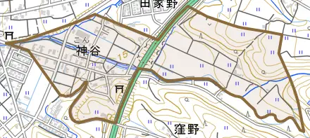 神谷とその周辺の地図。町の範囲を重ねている