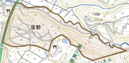 窪野とその周辺の地図。町の範囲を重ねている