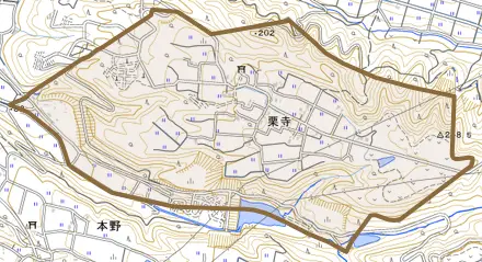栗寺とその周辺の地図。町の範囲を重ねている