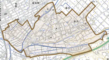 前沢とその周辺の地図。町の範囲を重ねている