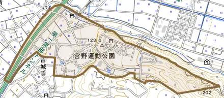 宮野とその周辺の地図。町の範囲を重ねている