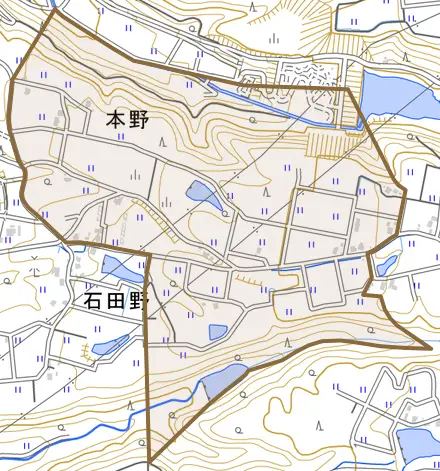 本野とその周辺の地図。町の範囲を重ねている