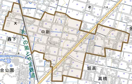 中新とその周辺の地図。町の範囲を重ねている