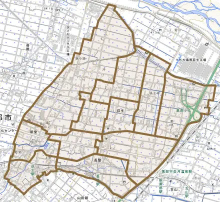 荻生とその周辺の地図。町の範囲を重ねている