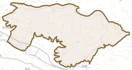 釈迦堂とその周辺の地図。町の範囲を重ねている