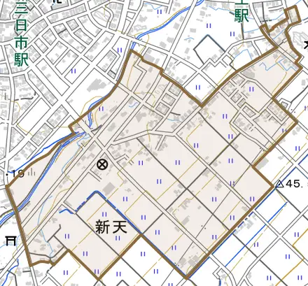 新天とその周辺の地図。町の範囲を重ねている