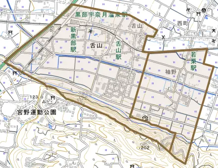 舌山とその周辺の地図。町の範囲を重ねている