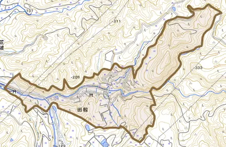田籾とその周辺の地図。町の範囲を重ねている