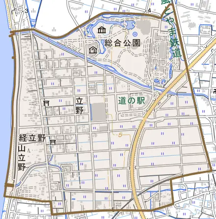 立野とその周辺の地図。町の範囲を重ねている