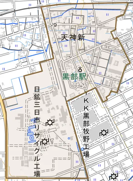 天神新とその周辺の地図。町の範囲を重ねている