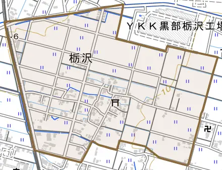 栃沢とその周辺の地図。町の範囲を重ねている