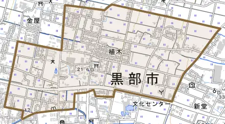 植木とその周辺の地図。町の範囲を重ねている