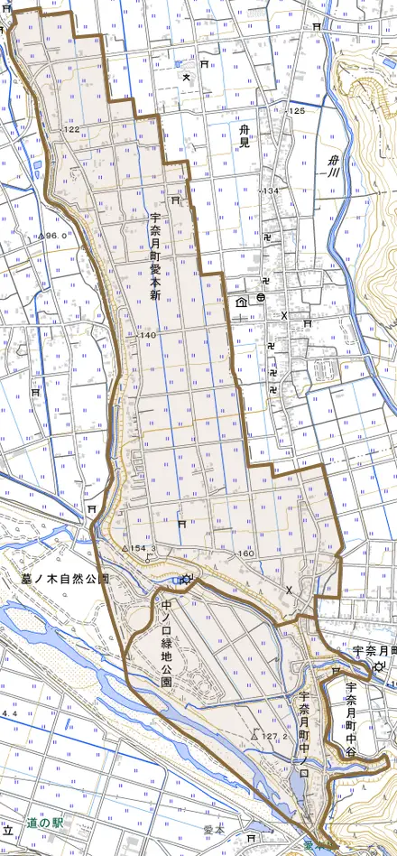 宇奈月町愛本新とその周辺の地図。町の範囲を重ねている