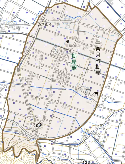 宇奈月町栃屋とその周辺の地図。町の範囲を重ねている