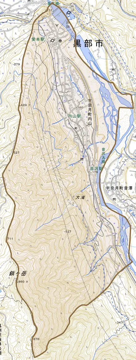 宇奈月町内山とその周辺の地図。町の範囲を重ねている