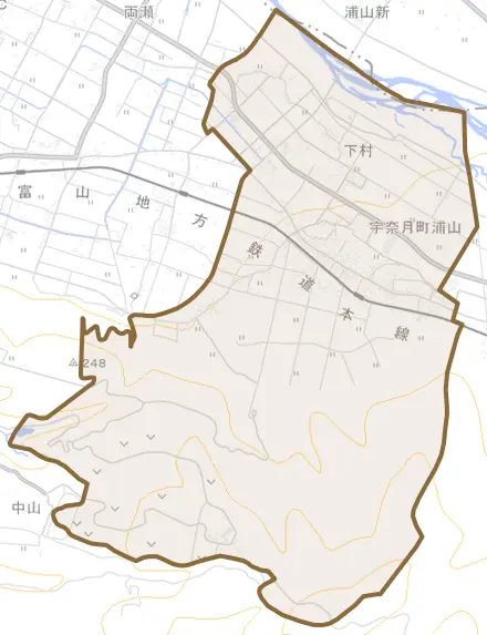 宇奈月町浦山とその周辺の地図。町の範囲を重ねている