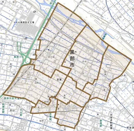若栗とその周辺の地図。町の範囲を重ねている