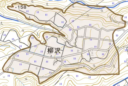 柳沢とその周辺の地図。町の範囲を重ねている