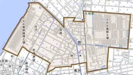 吉田とその周辺の地図。町の範囲を重ねている
