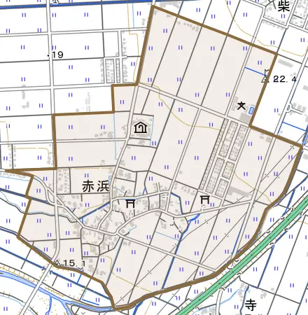 赤浜とその周辺の地図。町の範囲を重ねている
