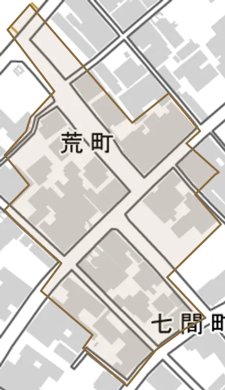 荒町とその周辺の地図。町の範囲を重ねている