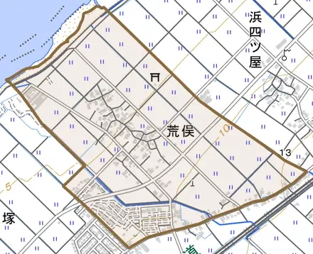 荒俣とその周辺の地図。町の範囲を重ねている