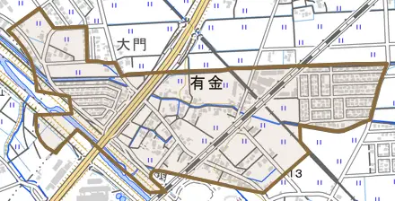有金とその周辺の地図。町の範囲を重ねている