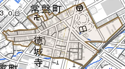吾妻町とその周辺の地図。町の範囲を重ねている